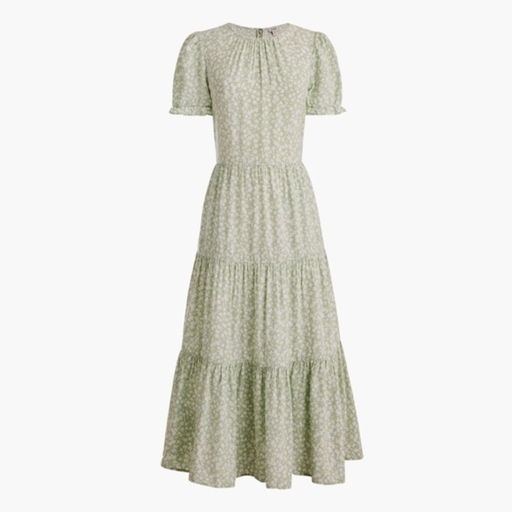 J Crew Green Floral Puff Sleeve Tiered Midi Dress Cottagecore Womens Size Small